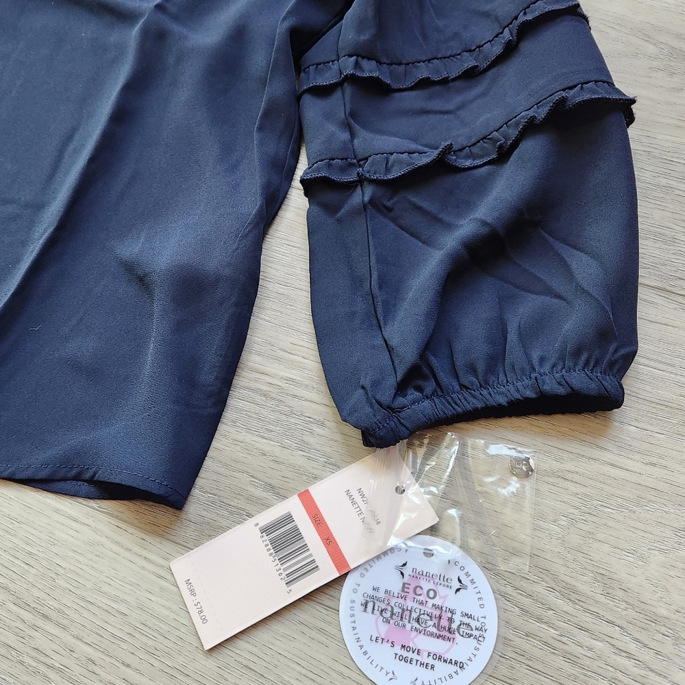 Eco Nanette Lepore Navy Shirt Womens Xs Ruffle Three Quarter Sleeves - Picture 5 of 10